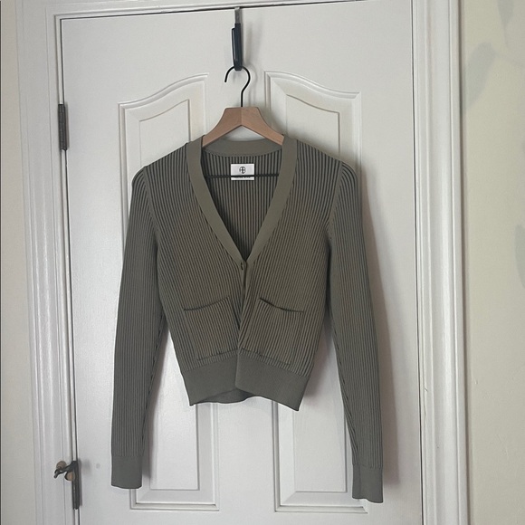 Anine Bing | Layla Ribbed Cardigan Sweater Size Medium Olive Green Sage V-neck - Picture 5 of 11